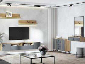 Модульная гостиная Байкал (дуб крафт золотой/графит) в Вьюнах - vyuny.mebel-nsk.ru | фото